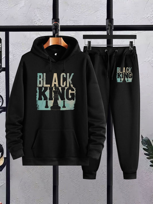 Black King Men's Casual Tracksuit 2-piece Set - Autumn/Winter Knitted Hoodie & Jogger Set With Random Print, Regular Fit