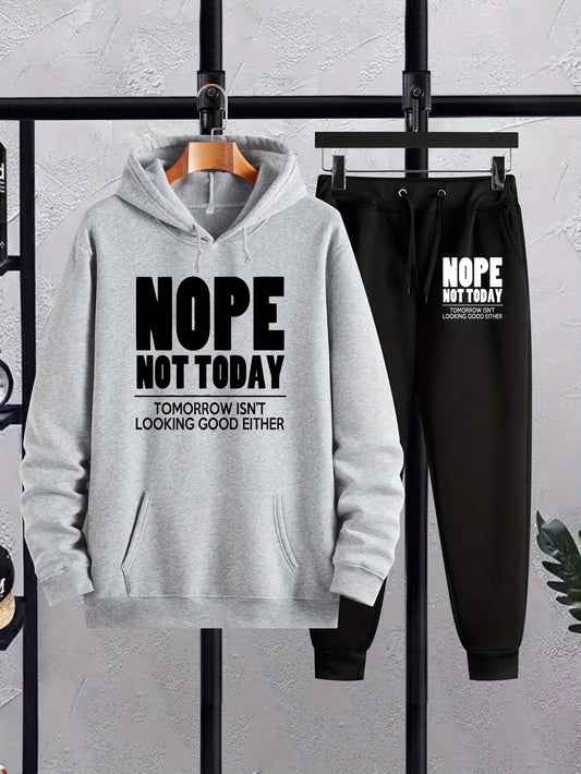 Nope Not Today" Men's Hoodie & Sweatpants Set - Trendy Printed Casual Sportswear for Fall/Winter, Polyester Blend