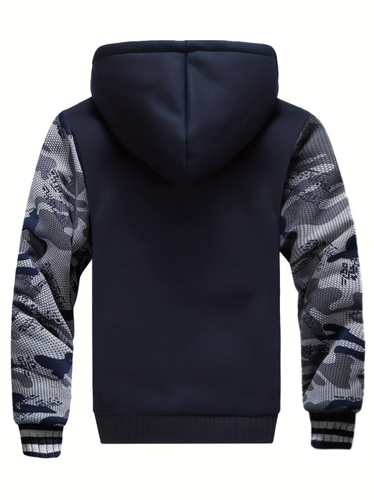 Men'S Camouflage Fleece-Lined Hooded Sweatsuit Set - Casual Polyester Tracksuit with Pockets, Regular Fit, Stretch Fabric, Hooded Top & Sweatpants, Fall/Winter Warmth (Top & Bottom Set)