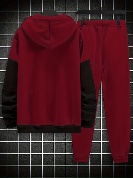 Men'S Casual Hoodie and Sweatpants Set - Polyester Knit Fabric, Long Sleeve, Loose Fit, Hooded Top with Print Design, Elastic Bottoms, Autumn/Winter Collection