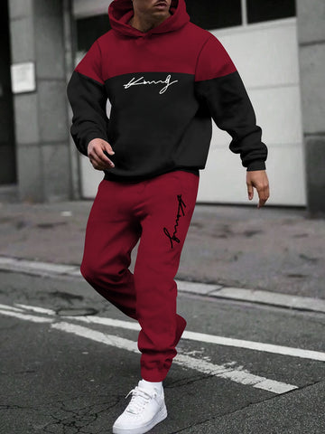 Men'S Casual Hoodie and Sweatpants Set - Polyester Knit Fabric, Long Sleeve, Loose Fit, Hooded Top with Print Design, Elastic Bottoms, Autumn/Winter Collection